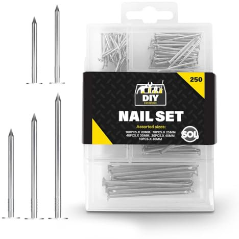 SOL 250pk Nail Set - 60mm, 40mm, 30mm, 25mm, 20mm - Versatile Iron Nails for DIY Projects, Crafting, and Home Décor - Multipurpose Assorted Sizes for Repairs & Woodworking