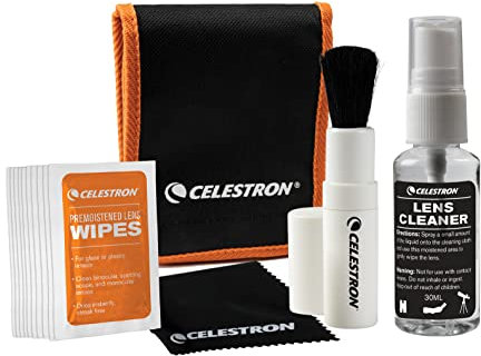 Celestron 93576 Linsenreinigungsset - Enthält 10 Linsenfeuchttücher, Reinigungsflüssigkeit, Linsentuch und einziehbare Linsenbürste in einem weichen Tragebeutel, Schwarz/Orange