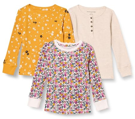 Amazon Essentials T-shirt thermique en maille à manches longues Fille, Lot de 3, Beige/Blanc Imprimé Fleuri/Jaune Moutarde Fleuri, 2 ans