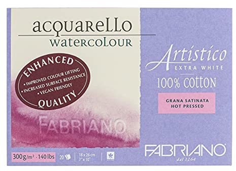 Fabriano Artistico Acquarello Watercolour, extra weiß, satiniert hot pressed, 18 x 26 cm, 20 Blatt 300 g/m², hochwertiger Künstler-Aquarellkarton, Block 4-seitig geleimt, vegan