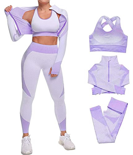 Veriliss Women's 3pcs Seamless Outfits Workout Sets,Gym Clothes Yoga Sportswear Leggings and Stretch Sports Bra Gym jumpsuits Clothes Set (Purple,L)