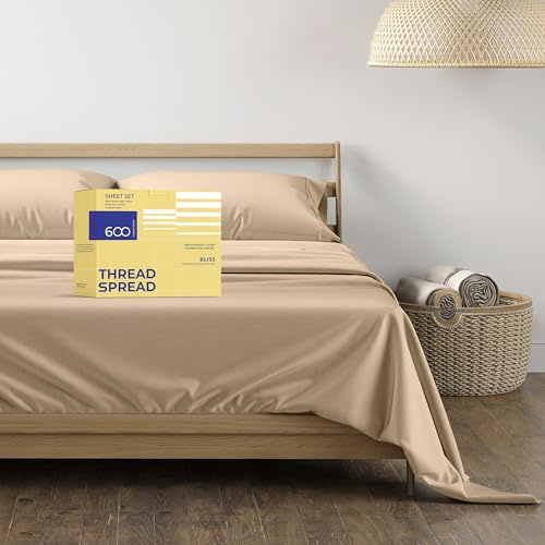 THREAD SPREAD 100% Egyptian Cotton King Size Sheets Set - 4 PC 600 Thread Count Egyptian Cotton Bed Sheets King Size (Taupe), Extra Soft, Cooling, 16 Deep Pocket Sateen Weave Luxury Hotel Bedsheet