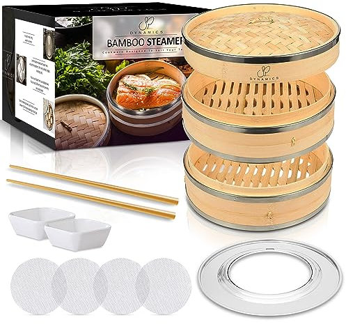 SP Dynamics Juego de cesta de vapor de bambú para cocina china de 10 pulgadas, cesta de vapor de 2 niveles para cocinar con palillos, platos de salsa y forros reutilizables, cestas de vapor para