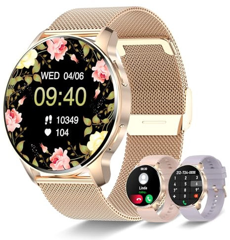 Betatree Montre Intelligente Femme avec Appel, 1,32 Smartwatch Automatique Homme, Podomètre/Moniteur Sommeil/Cardiofrequenzimetro, 20 Modes Sportif Android iOS Montre Intelligente Doré, 3 Bracelets