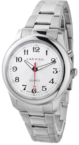 LAKXIUL Englilsh - Reloj parlante, caja de acero inoxidable plateado, cinturón de acero inoxidable plateado, impermeabilización doméstica