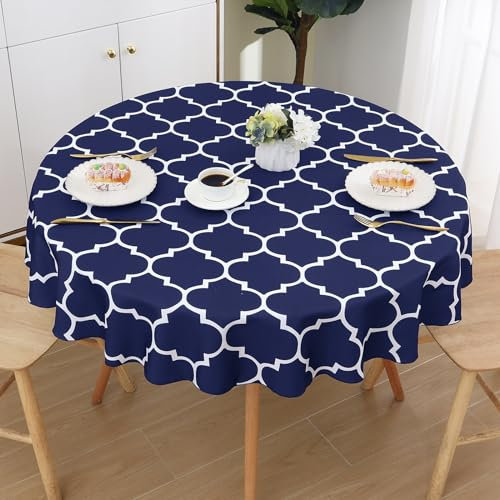 smiry Tischdecke Abwaschbar Rund 140cm Tischtuch Polyester Wasserabweisend Lotuseffekt Marokkanisch Tischwäsche Schmutzabweisend Abwischbare Tafeldecke für Outdoor Party Küche,Dunkelblau