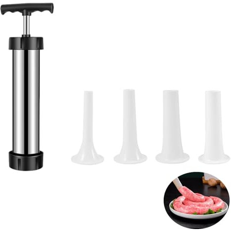 Xinlie Poussoir à Saucisse Manuel de Qualité Alimentaire Outil Manuel Remplissage de Saucisses Remplissage de Saucisse en Acier Inoxydable Poussoir à Saucisses avec 4 Entonnoir,pour Saucisses Maison