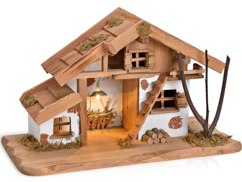 matches21 HOME & HOBBY Große Weihnachtskrippe aus Echtholz - Holz Krippe für Advent und Weihnachten mit vielen liebevollen Details - Stall in 39 x 23 x 19 cm für Figuren als Weihnachtsdeko...