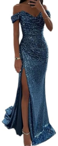 shownicer Robe de Soirée Cocktail Femme Élégante Col V à Paillettes Robe Longue Sexy Slim Robe Fendues à Sequins Mode Maxi Dress A Bleu S