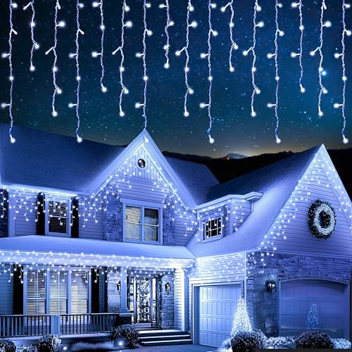 EcoNour Icicle Lights Outdoor Christmas Lights 1000 LED 35M Cool White Decorations String Fairy Lights with Timer for Xmas Garden & Party | Mains Powered Clear Cable