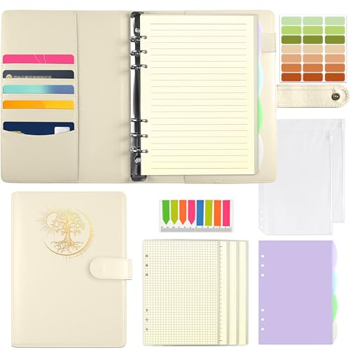 Qefuna A5 Carpeta de anillas, cubierta de PU con motivo del Árbol de la Vida solar grabado en papel de aluminio, libreta con 180 hojas de recambio, bolsillos y separadores,Blanco