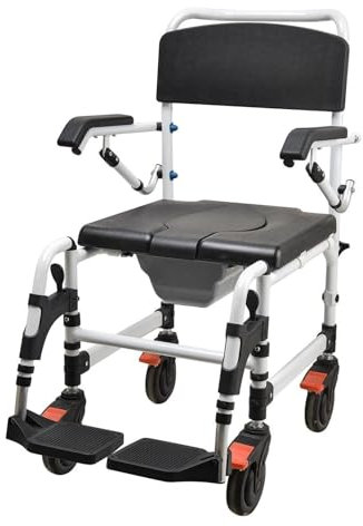 Chaise percée de douche à roulettes pour personnes âgées – Fauteuil roulant de transport de toilettes mobile avec repose-pieds, capacité de 136 kg, idéal pour une assistance sûre et pratique dans la