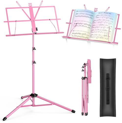 New Bee Music Stand - Music Stands for Sheet with Carrying Bag, Metal Sheet Music Stand Portable, Adjustable Podium Stand with Tripod Base and Sheet Music Folder - Pink