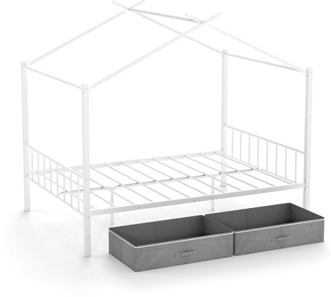 Maxmass Metal Kids Bed Frame, Double Size Toddler Floor Beds with 2 Foldable Drawers and Roof, Children House Bed for Boys Girls, 300 kg Weight Capacity, No Box Spring Needed (White)