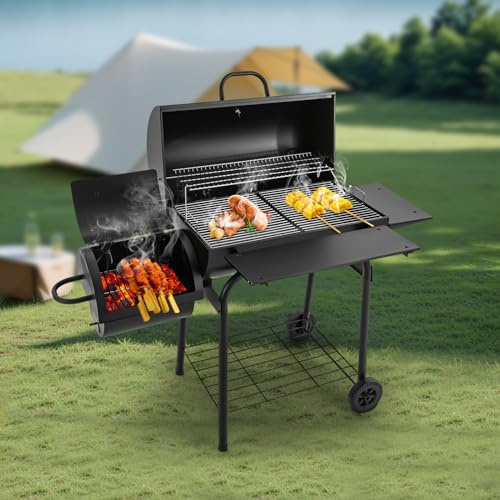 Barbecue a carbonella con rete termica e 3 griglie per esterni, a carbonella, per 10 persone, in legno nero, per picnic, feste (39 x 34 cm + 31,5 x 31 cm)