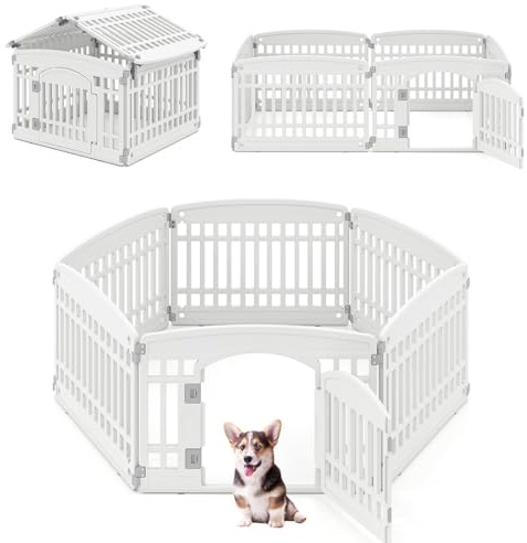 FANTASK Rastrelliera pieghevole per cani da esterno e interno, beccuccio per cani con porta a chiave e 6 pannelli, box per cuccioli in plastica, altezza 60 cm (bianco)