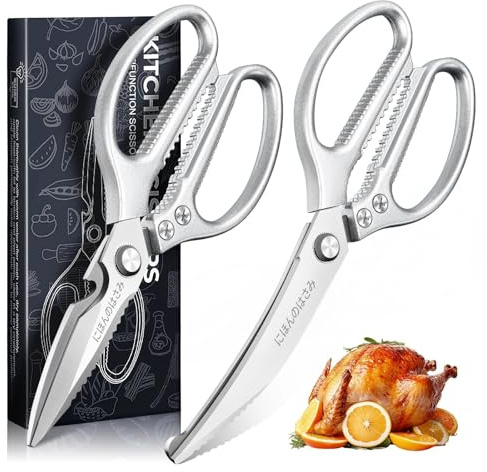 DRAGON RIOT Forbici da Cucina Robuste - Pack da 2 Forbici in Stile Giapponese, Trinciapollo Professionale Multiuso Resistenti Affilate per Pollame Carne, Manico Antiscivolo Argentate