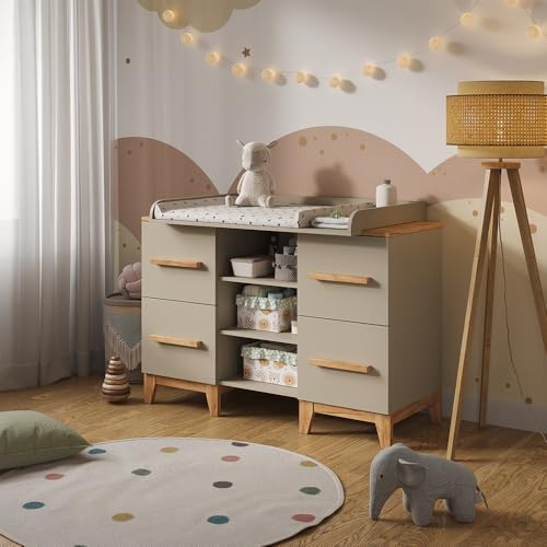 VitaliSpa Fasciatoio Malia, Cashmere/Artigianale, 133 x 98 cm XL con 4 cassetti, con fasciatoio rimovibile per l'utilizzo come cassettiera