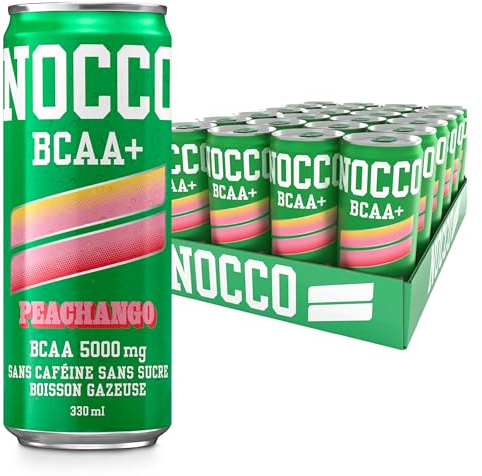 NOCCO Boisson énergisante pêche & mangue, 24x330ml Sans Sucre BCAA Boissons énergétiques (Peachango)