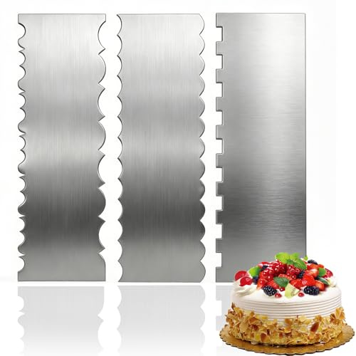 Philbinden 3 Pack Stainless Steel Cake Decorating Scraper Set,8.6-inch Double Sided Patterned Edge Stripe Edge Smoother Scraper for Buttercream, Frosting, Mousse, and Baking Projects