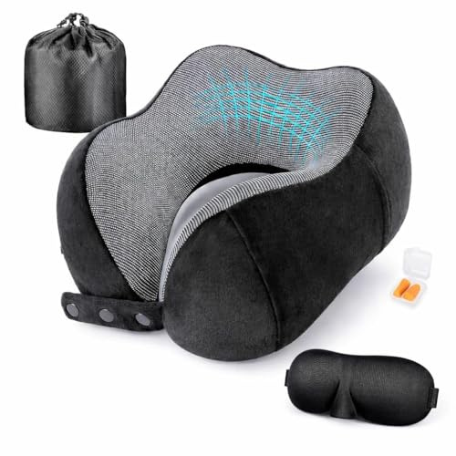 Generico Cuscino da Viaggio Ergonomico 360° in Memory Foam, Supporto Regolabile 3 Misure, Traspirante e Lavabile, Set Completo con Mascherina, Tappi Orecchie e Custodia