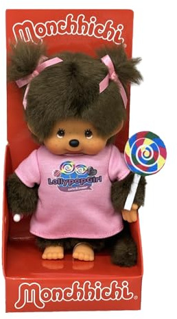 Sekiguchi 205257 – Original Monchhichi-flicka med rosa klänning och färgglad klubba, ca 20 cm stort gosedjur av brun plysch