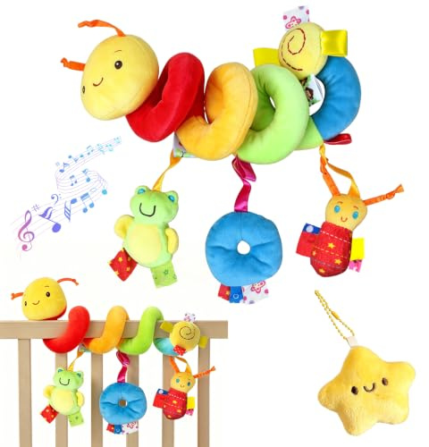 KASURE Spiral Pram Toys for Babies, Car Seat Toys with Rattles for 0 3 6 9 12 Month Soft Baby Hanging Spiral Activity Toy Wrap Around Crib Mobile Stroller Newborn Girls Boys Sensory Gift