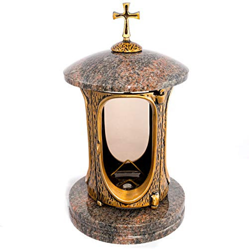 Lanterne funéraire élégante avec croix en granit de l'Himalaya - Hauteur : 27 cm - Diamètre : 15 cm - Lanterne funéraire - Lampe funéraire en granit bronze avec socle - Décoration funéraire