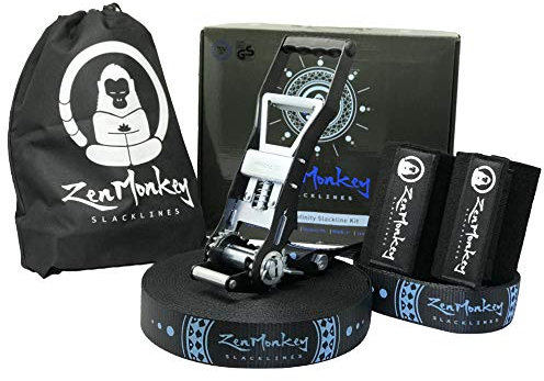 ZenMonkey Infinity Slackline Kit – Ultra Longline mit Ergo-Ratsche, Baumschutz, Stofftragetasche und Anleitung (evtl. Nicht in Deutscher Sprache), 30 m – einfache Einrichtung für die Familie, Kinder