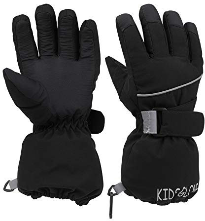 QKURT Kinder Skihandschuhe, Snowboard Handschuhe Schneehandschuhe wasserdichte und Winddichte Winter Fäustlinge für Mädchen und Jungen Skifahren Snowboard Reiten Laufen Wandern Radfahren-Schwarz-4-6