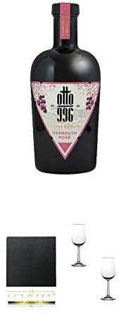 Otto 996 Kaiserstuhl Vermouth Rose 0,75 Liter + Schiefer Glasuntersetzer eckig ca. 9,5 cm Durchmesser + Nosing Gläser Kelchglas Bugatti mit Eichstrich 2cl und 4cl - 2 Stück