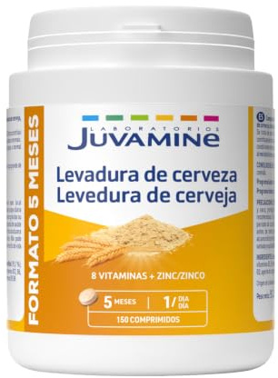 JUVAMINE - Levadura de Cerveza + 8 Vitaminas + Zinc - 150 Comprimidos - Formato Maxi - 5 Meses - Fortalece Piel, Cabello y Uñas - Fórmula Completa para Belleza y Salud