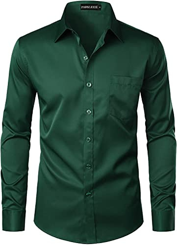 PARKLEES Camicia da uomo urbana elegante casual business slim fit a maniche lunghe con bottoni e taschino, Verde scuro, L