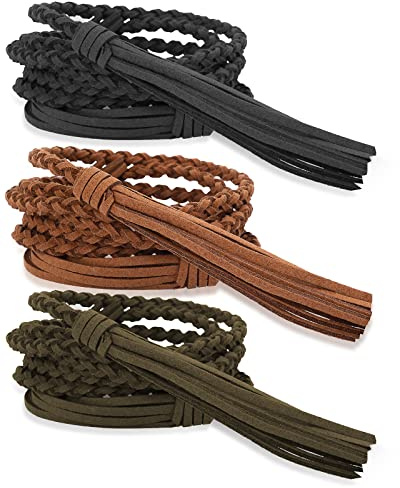 Yolev 3 Pezzi Cintura Intrecciata da Donna Cintura con Frange Sottili Tinta Unita Vita Regolabile Gonna a Catena Abito in Corda Jeans Accessori (nero, marrone, verde scuro)