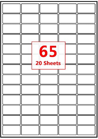 PACK4YA 65 étiquettes par feuille A4, 38,1 x 21,2 mm, blanc, autocollant, autocollant, imprimable pour adresse, expédition, envoi, imprimantes à jet d'encre et laser (20 feuilles)