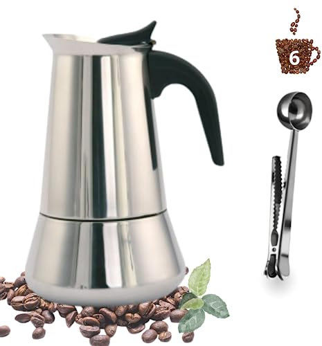 RAMBUTAM Cafetera Italiana Inducción 6 Tazas(330ml) + Cacito de REGALO, Cafetera Acero Inoxidable Apta para todo tipo de cocinas Cafeteras Vitrocerámica, Inducción, Gas…