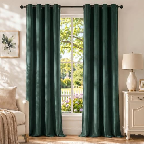 Ystyle Sammet Gardiner 2er Set, 100% Mörkläggningsgardin, Värmeisolerande Gardin Mot Kyla Och Värme, Ogenomskinliga Sovrum Vardagsrumsgardin, Ljuddämpande Gardin Med Ösen, 117×137cm, Grön