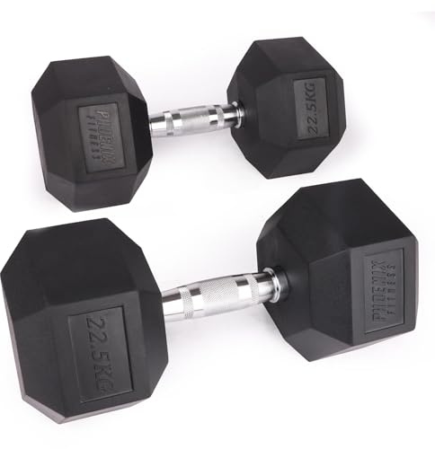Phoenix Fitness Hex Dumbbells - Pair of Rubber & Cast Iron Hexagonal Dumbbell Hand Weights for Men and Women at Home & Gym - Weight: 22.5kg