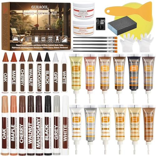 GUHAOOL Kit Reparation Parquet, 41 Pièces Kit de Réparation Bois, Kit de Réparation de Stratifié avec Marqueurs Réparation Meubles pour Restaurer les Rayures, Fissures pour Porte en Bois, Sol, Armoire