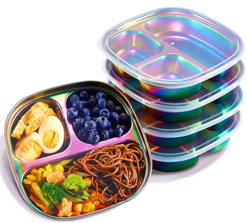 MIMORE Stainless Steel Kids Plates - 5 Pack Toddler Plates with Lids - Non Toxic & Divided
