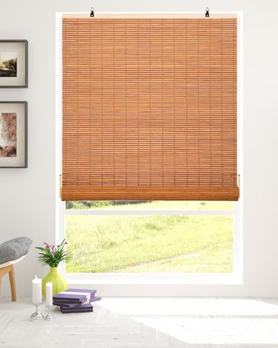 Chryeiiu 32''W X 72''H Cordless Bamboo Roman Shades, Light Filtering Roll Up Bamboo Blinds for Interior Window Home Patio Porch, Yellow Brown