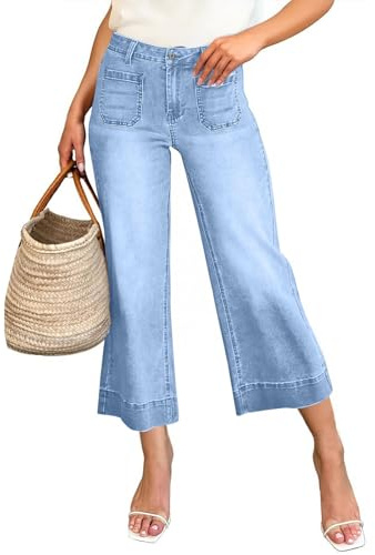 ZRYAZQ 7/8 Hose Damen Sommer Jeans Weit Sommerhose Damen Leicht 7/8 Weites Bein Jeanshose Baggy High Waist Palazzo Hosen Sommer Denim Mit Knopfleiste Elegant Sommerhosen Frauen Luftig Mit Taschen