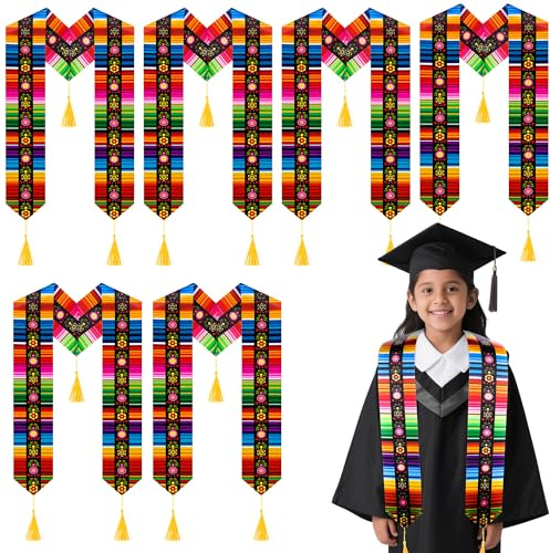 Wehhbtye 6 Pcs Kindergarten Mexican Graduation Stole Sash 2026, 59 inch Mexican Kid Serape Sash with Tassel, Mexico Class Sashs Scarf for Graduation's Day Ceremony