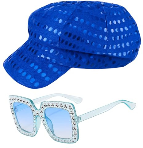 GWAWG Sombrero de lentejuelas brillante con gafas de sol para mujer, accesorios de los años 70 de discoteca, sombrero de disfraz de estrella pop retro, atuendo de diva hippie vintage para cumpleaños