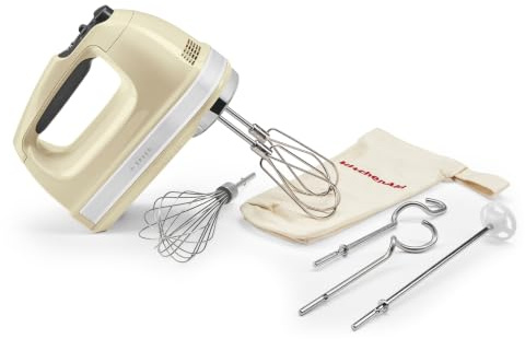KitchenAid Handmixer med 9 hastigheter, 85 W DC-motor med mjuk start, 6 tillbehör – visp, stång, krokar och mixer, vridkabel, lock, mandelkräm