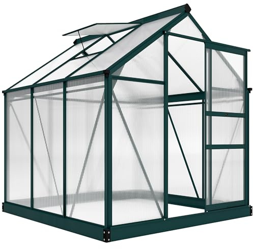 Outsunny Trädgårdsväxthus i polykarbonat 3,65 m² aluminiumväxthus för trädgården 190 x 192 x 201 cm UV-resistent, med förstärkt fundament, takränna, takfönster och skjutdörr, mörkgrön