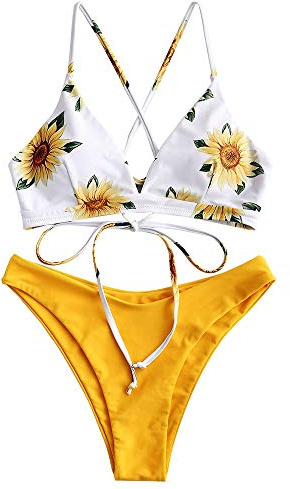 ZAFUL Conjunto de Bikini con Relleno Push Up Triangular Busto Ajustable con Tirantes Cruzados Traseros Estampado Talle Bajo (Margarita-Amarillo, M)