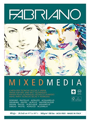 Honsell 19100441 Fabriano Mixed Media - Bloc de papel para artistas (DIN A3, 60 hojas, 160 g/m2, sin ácidos, grano natural, apto para técnicas de pintura húmeda y seca)