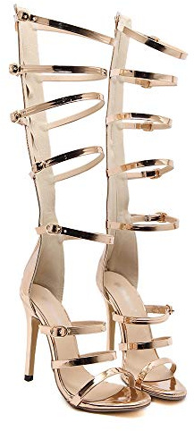 SUKDO Sandales D'été en Cuir pour Femmes À Bout Ouvert Bottes Romaines Gladiateur À Lanières Dorées Sandales À Talons Aiguilles,d'or,EU39