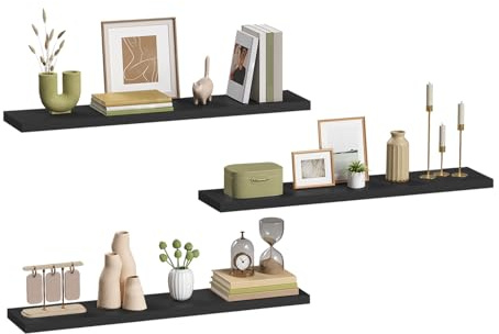 eSituro 3 Pcs Black Floating Shelves, 110cm Wooden Modern Shelf, Bedroom | MDF Shelving Boards, Easy Install Wall Rack Display & Organiser for Living Room, Kitchen, Bathroom, Office, Hallway